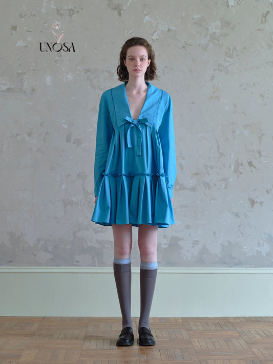 Bow-Tied Deep V Collar Pleated Dress