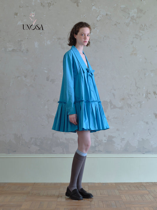 Bow-Tied Deep V Collar Pleated Dress