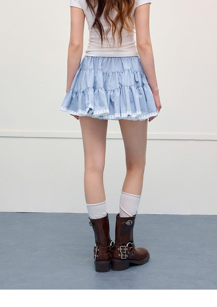 Floral Lace-Trimmed Ruched Skirt