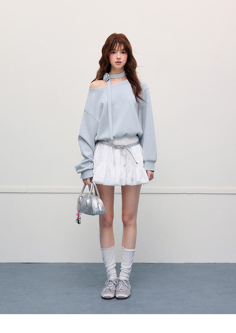 Floral Lace-Trimmed Ruched Skirt