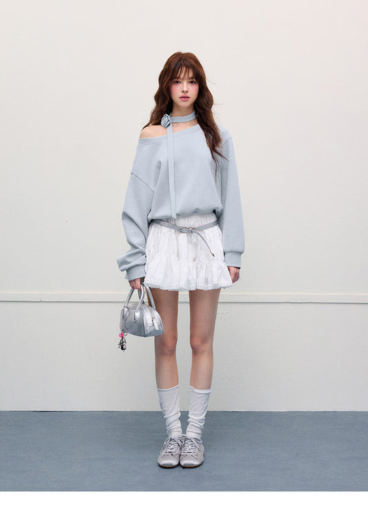 Floral Lace-Trimmed Ruched Skirt