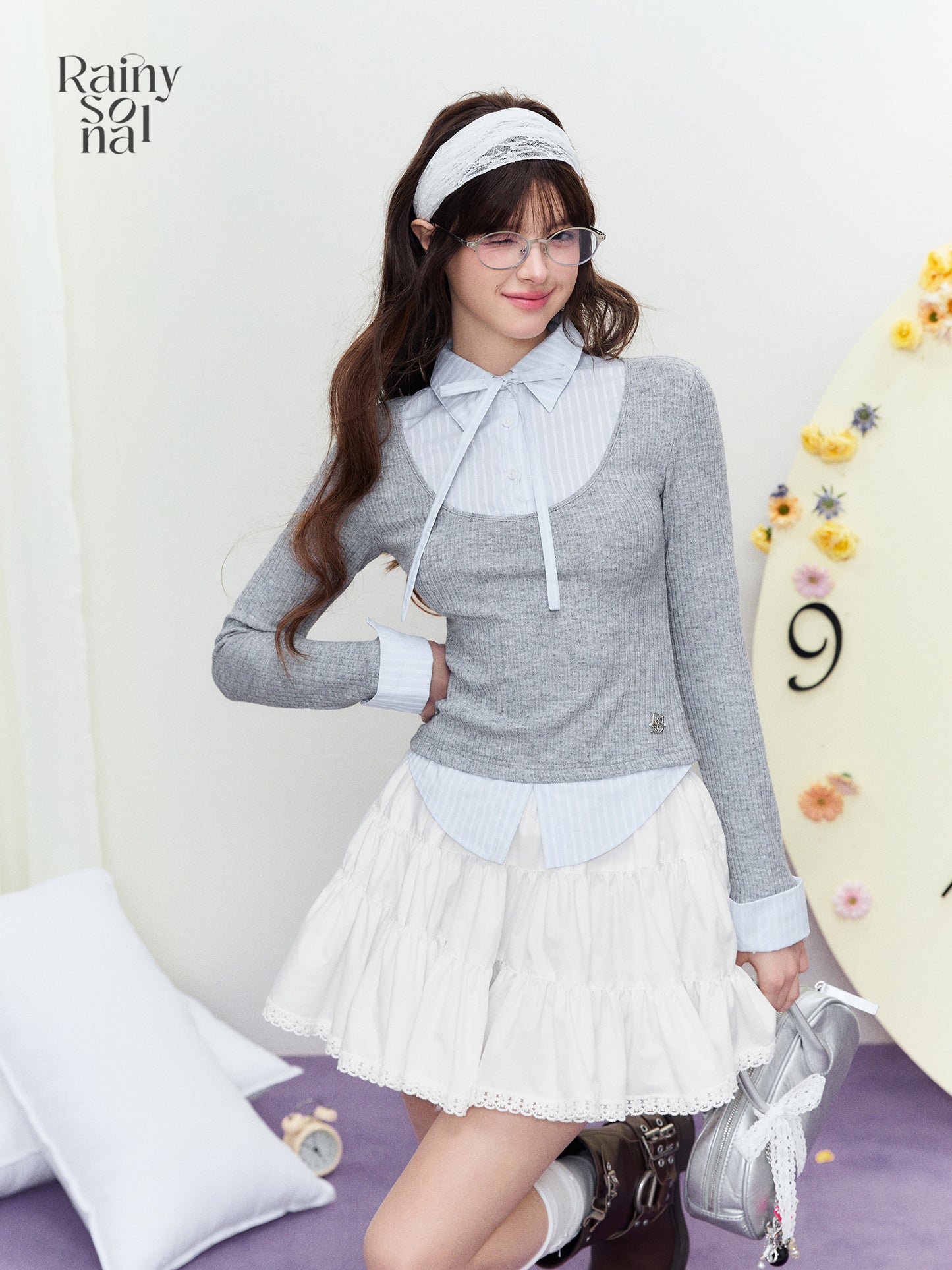 Floral Lace-Trimmed Ruched Skirt