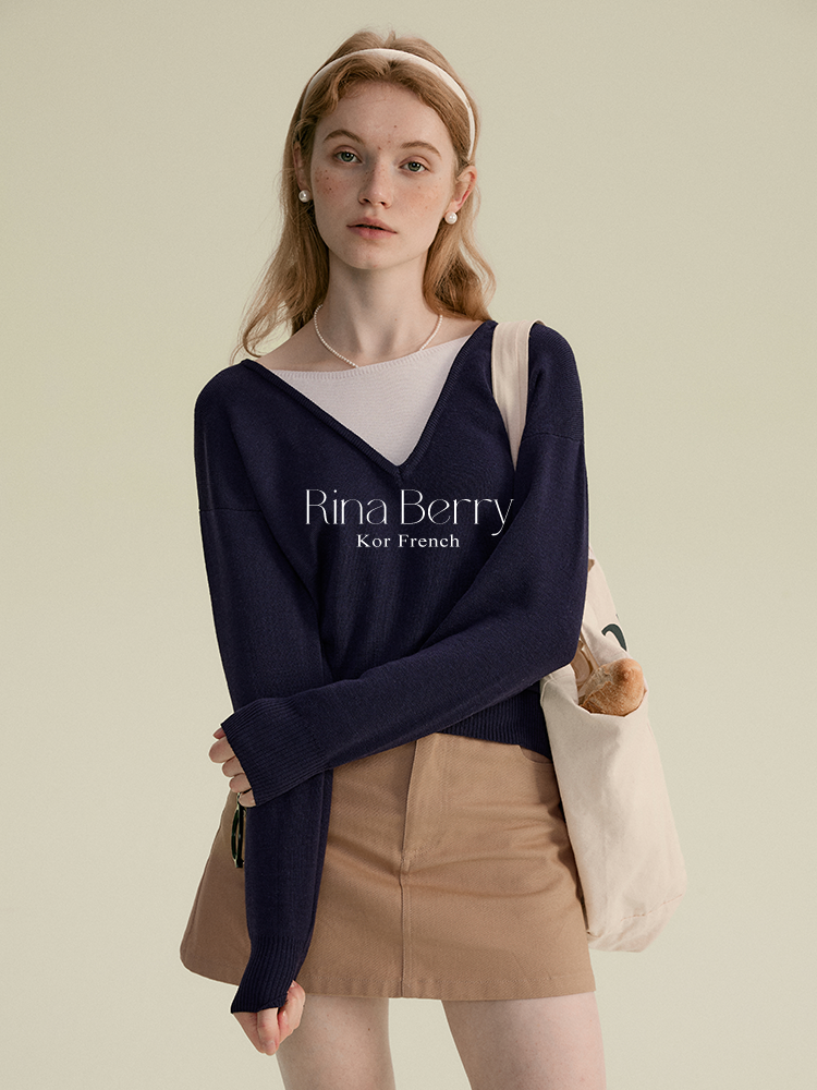 Two-Tone Faux Layered V-Neck Sweater