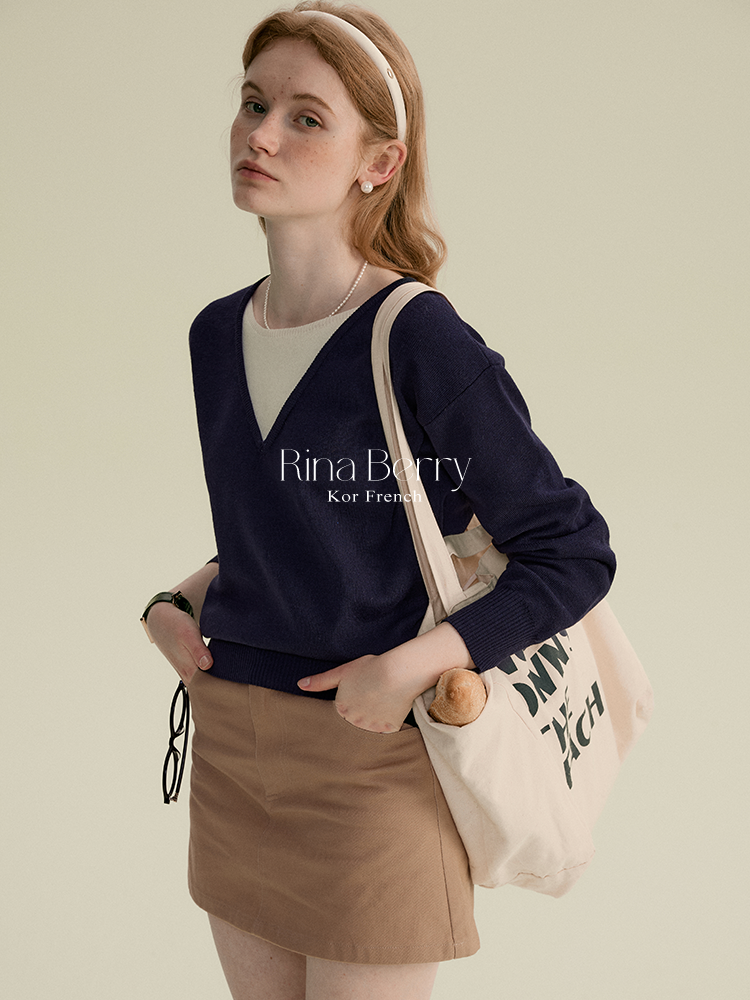 Two-Tone Faux Layered V-Neck Sweater