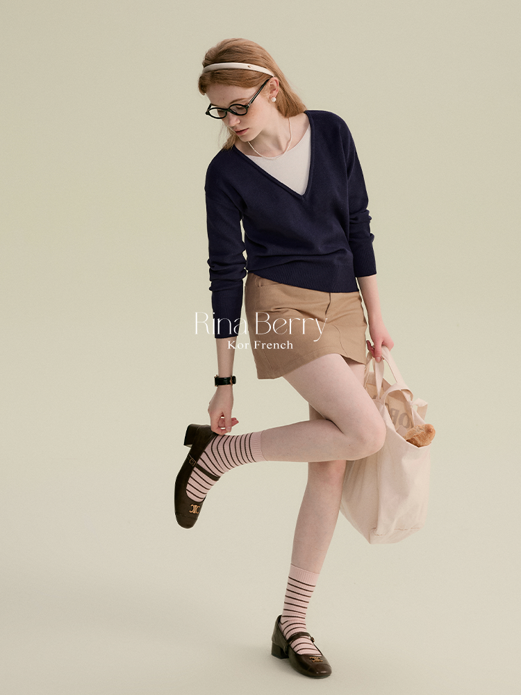 Two-Tone Faux Layered V-Neck Sweater