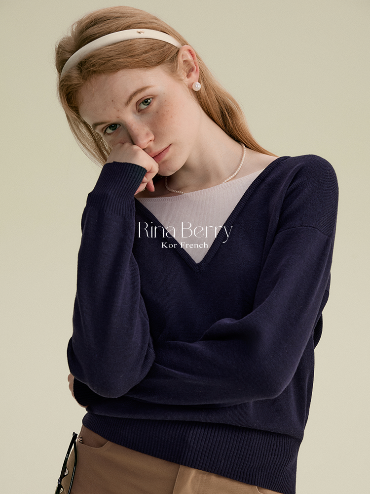 Two-Tone Faux Layered V-Neck Sweater