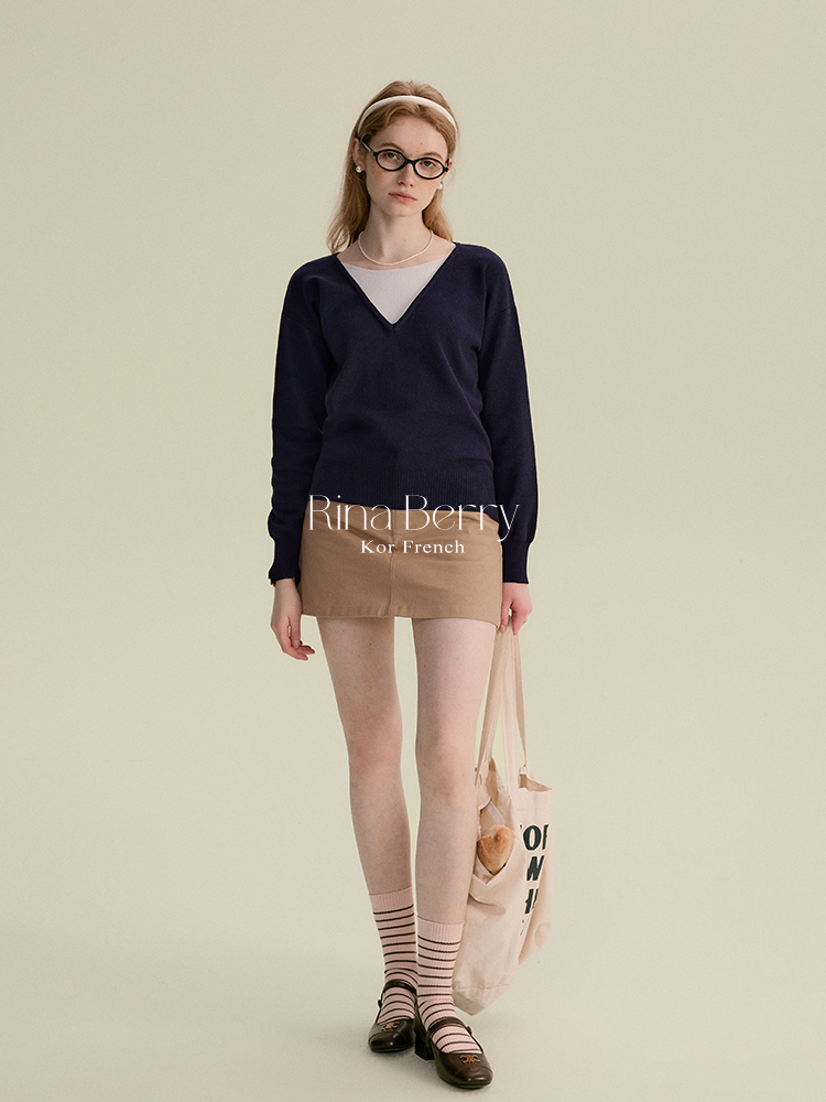 Two-Tone Faux Layered V-Neck Sweater