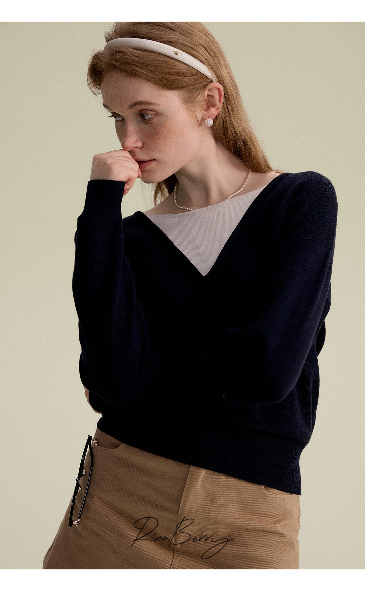 Two-Tone Faux Layered V-Neck Sweater