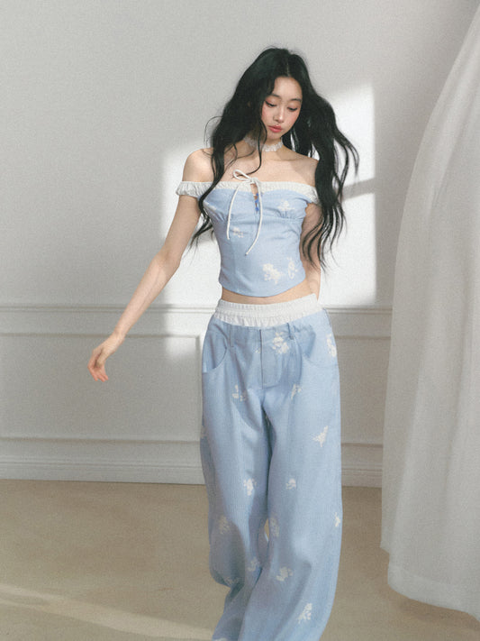 Floral Print Off-Shoulder Top & Curved Wide-Leg Pants