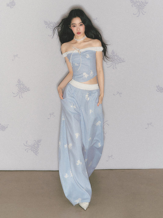 Floral Print Off-Shoulder Top & Curved Wide-Leg Pants