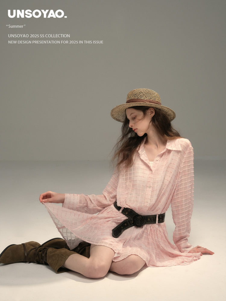 Sheer Textured Grid Shirt Dress