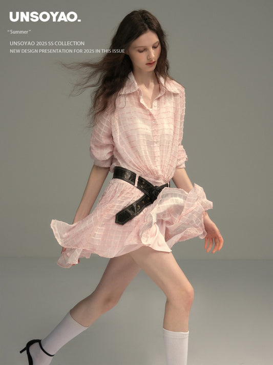 Sheer Textured Grid Shirt Dress