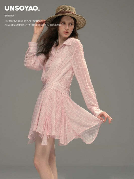 Sheer Textured Grid Shirt Dress