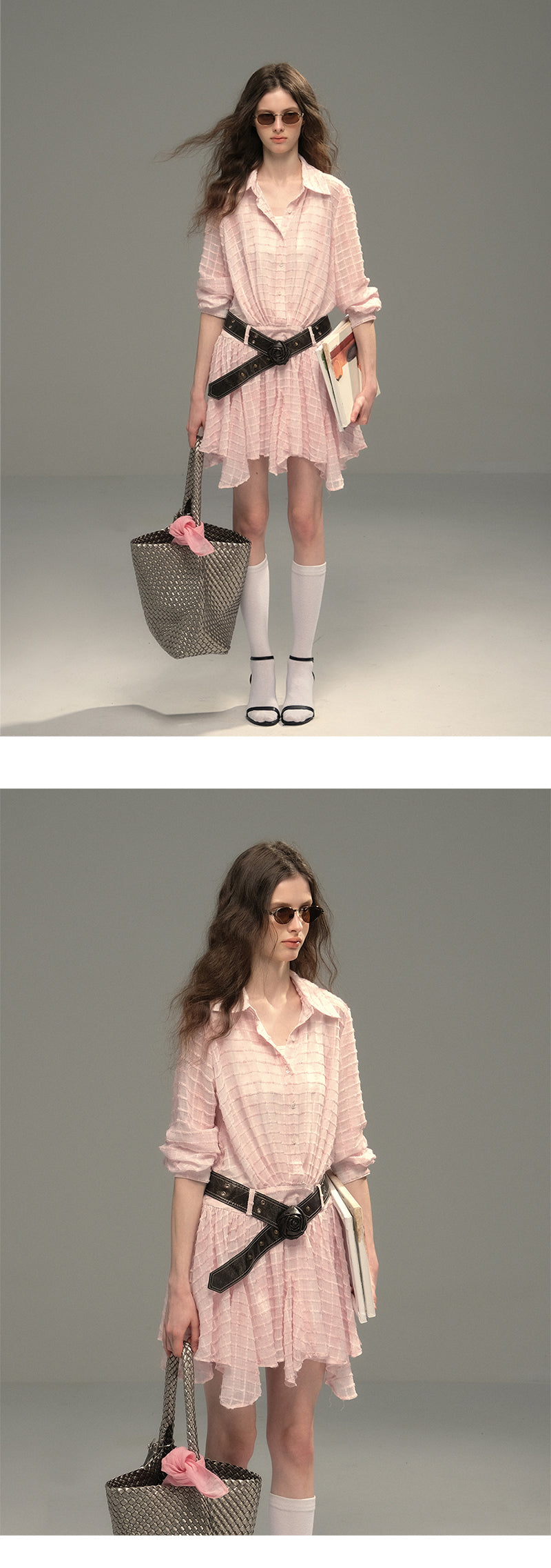 Sheer Textured Grid Shirt Dress