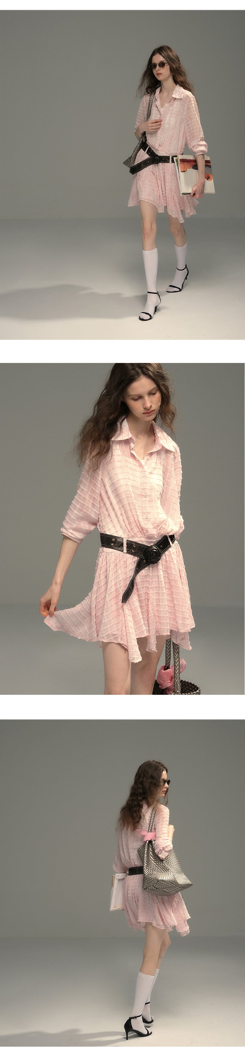Sheer Textured Grid Shirt Dress