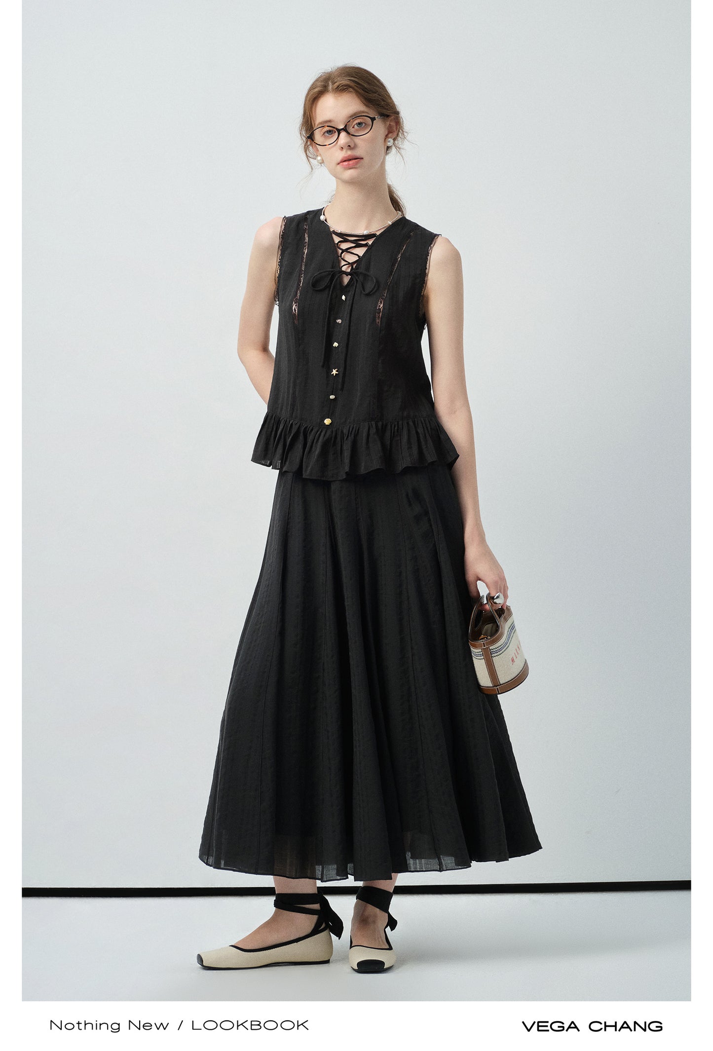 Lace-Up Sleeveless Top With Beaded Buttons & Maxi Skirt