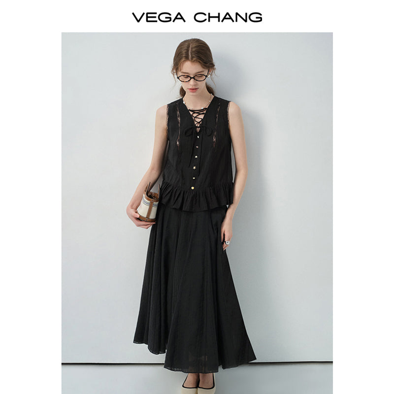 Lace-Up Sleeveless Top With Beaded Buttons & Maxi Skirt