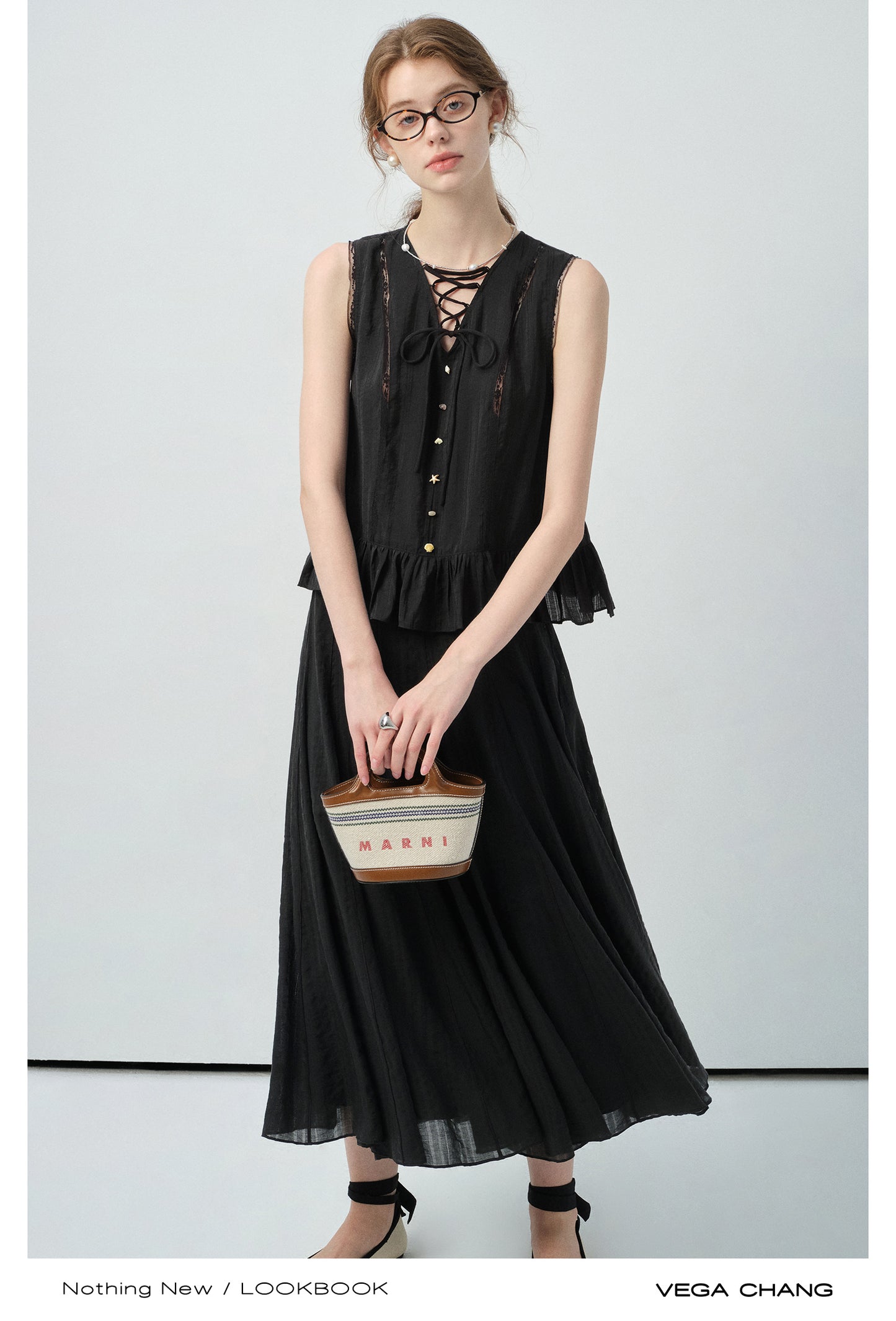 Lace-Up Sleeveless Top With Beaded Buttons & Maxi Skirt
