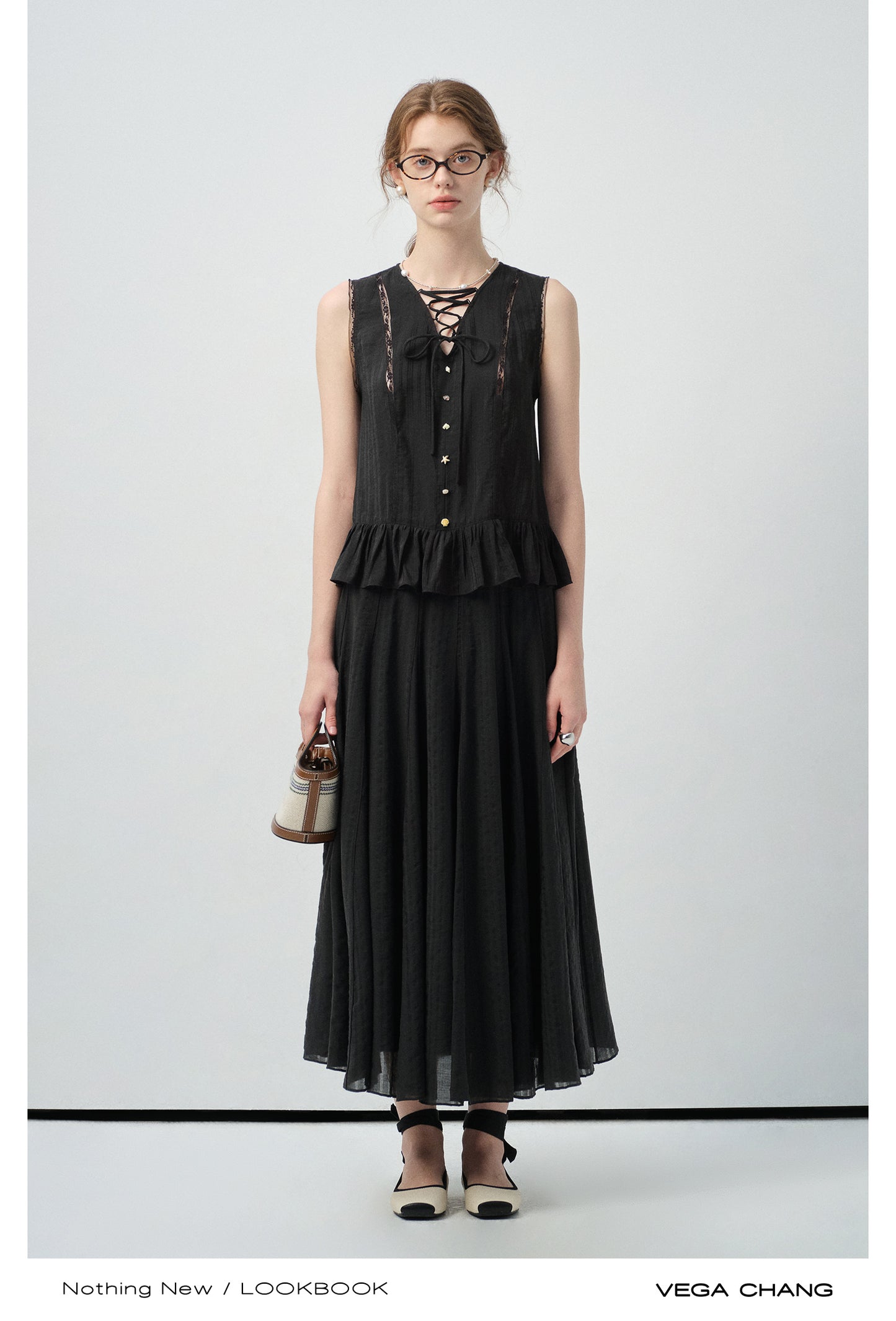 Lace-Up Sleeveless Top With Beaded Buttons & Maxi Skirt