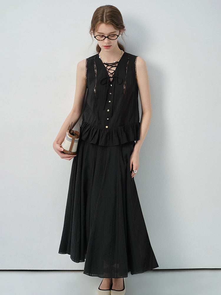 Lace-Up Sleeveless Top With Beaded Buttons & Maxi Skirt