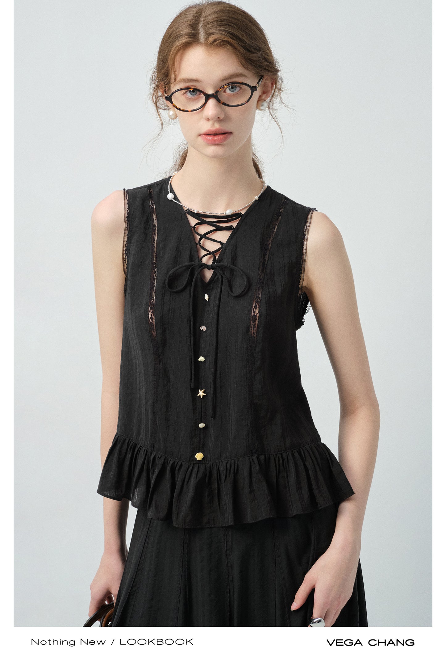 Lace-Up Sleeveless Top With Beaded Buttons & Maxi Skirt