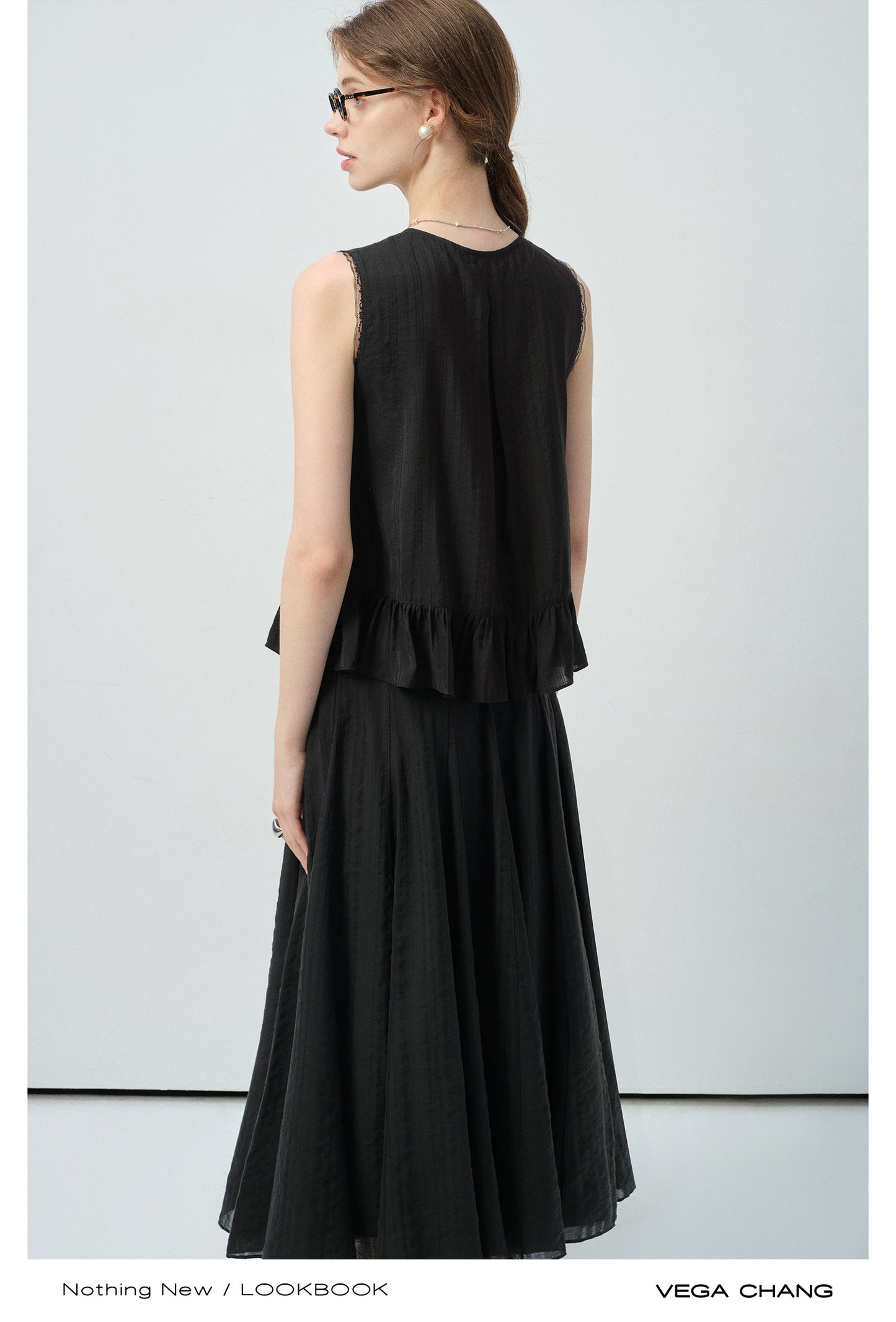 Lace-Up Sleeveless Top With Beaded Buttons & Maxi Skirt