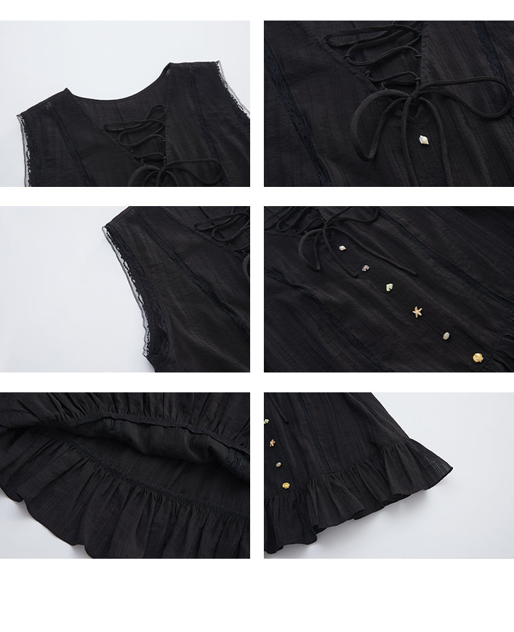 Lace-Up Sleeveless Top With Beaded Buttons & Maxi Skirt