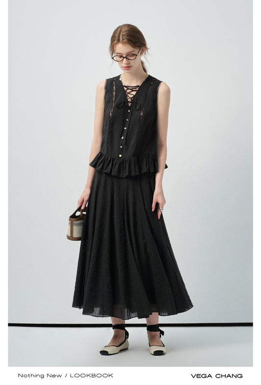 Lace-Up Sleeveless Top With Beaded Buttons & Maxi Skirt