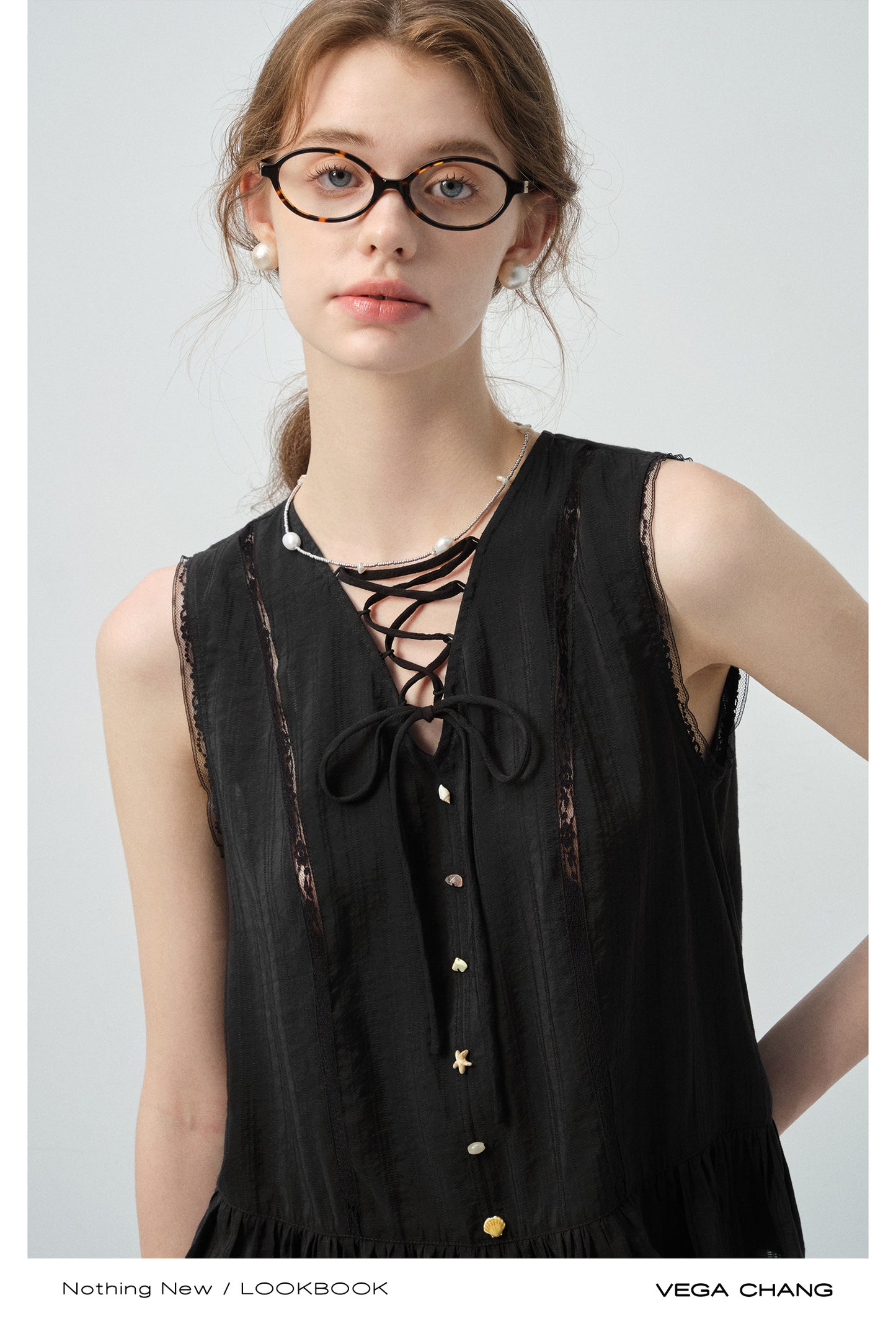 Lace-Up Sleeveless Top With Beaded Buttons & Maxi Skirt