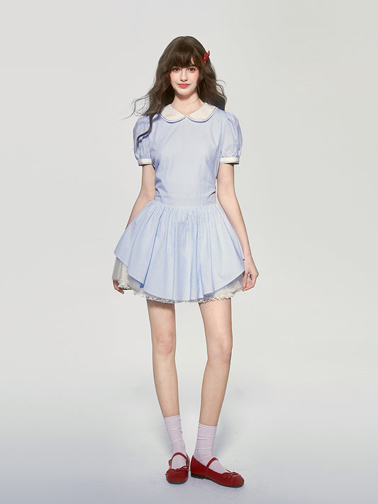 Peter Pan Collar Puff-Sleeve Striped Tulle Dress