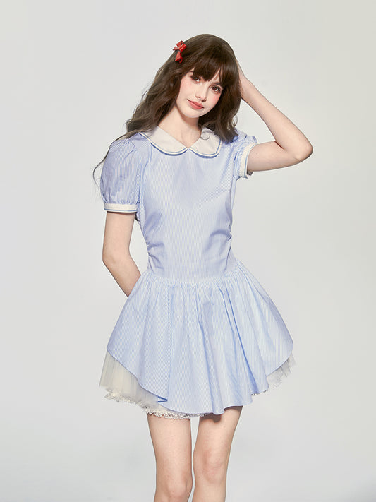 Peter Pan Collar Puff-Sleeve Striped Tulle Dress