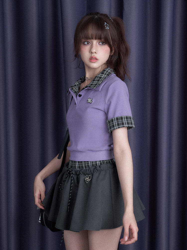 Plaid-Collar Polo Shirt With Heart Buttons