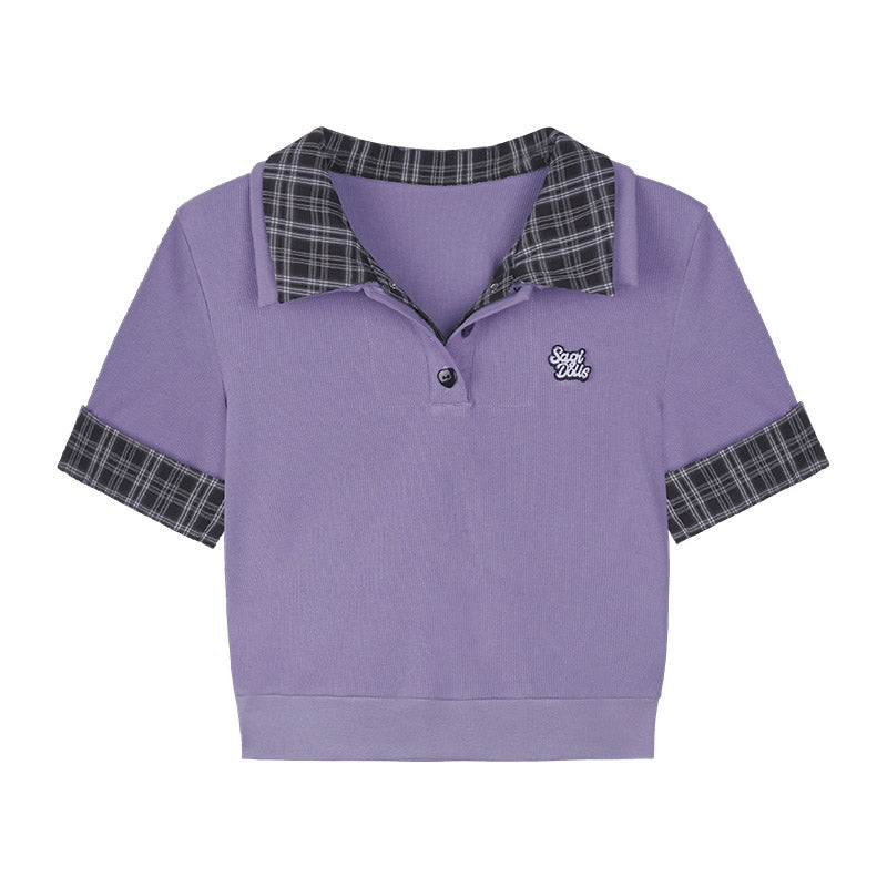Plaid-Collar Polo Shirt With Heart Buttons