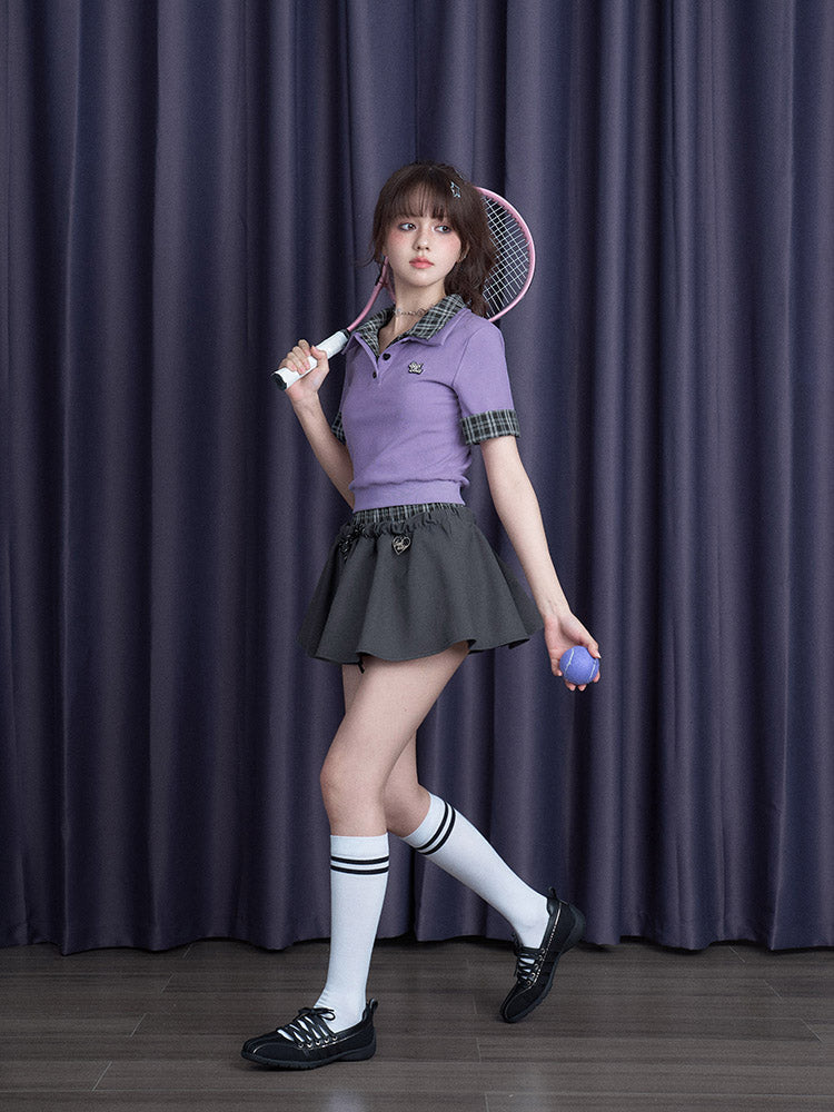 Plaid-Collar Polo Shirt With Heart Buttons