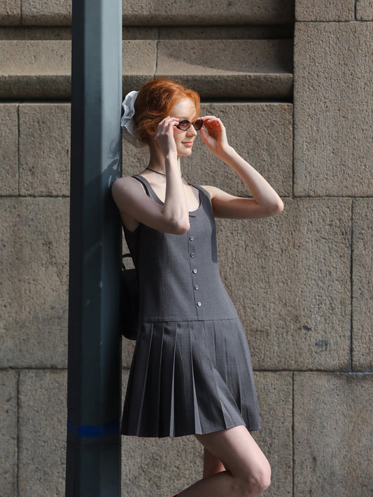 Sleeveless Pinstripe Pleated Mini Dress