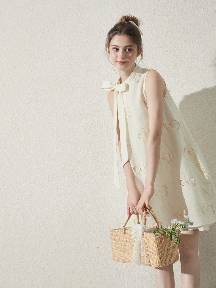 Floral Cut-Out Dress With A Large Tie Neck