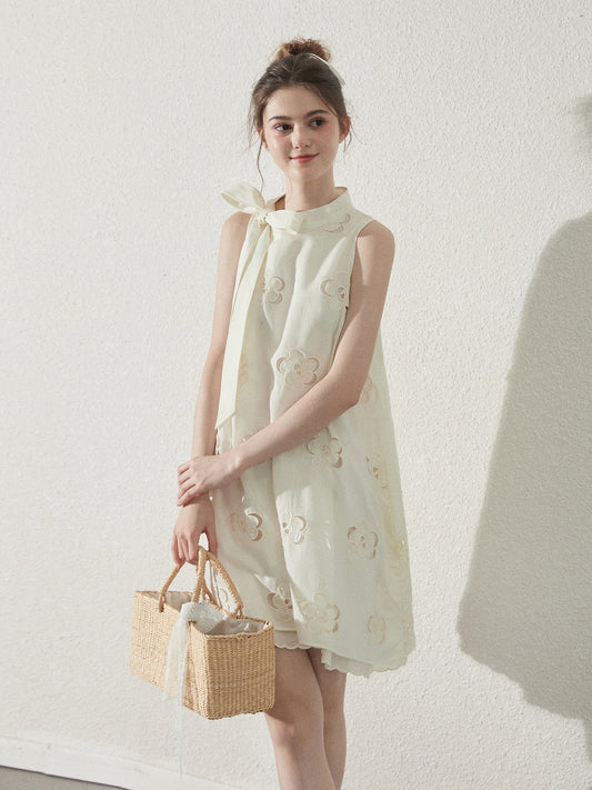 Floral Cut-Out Dress With A Large Tie Neck