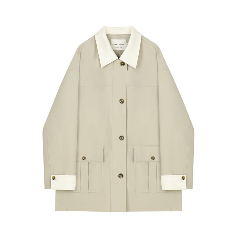 Two-Tone Relaxed Fit Mid-Length Twill Coat