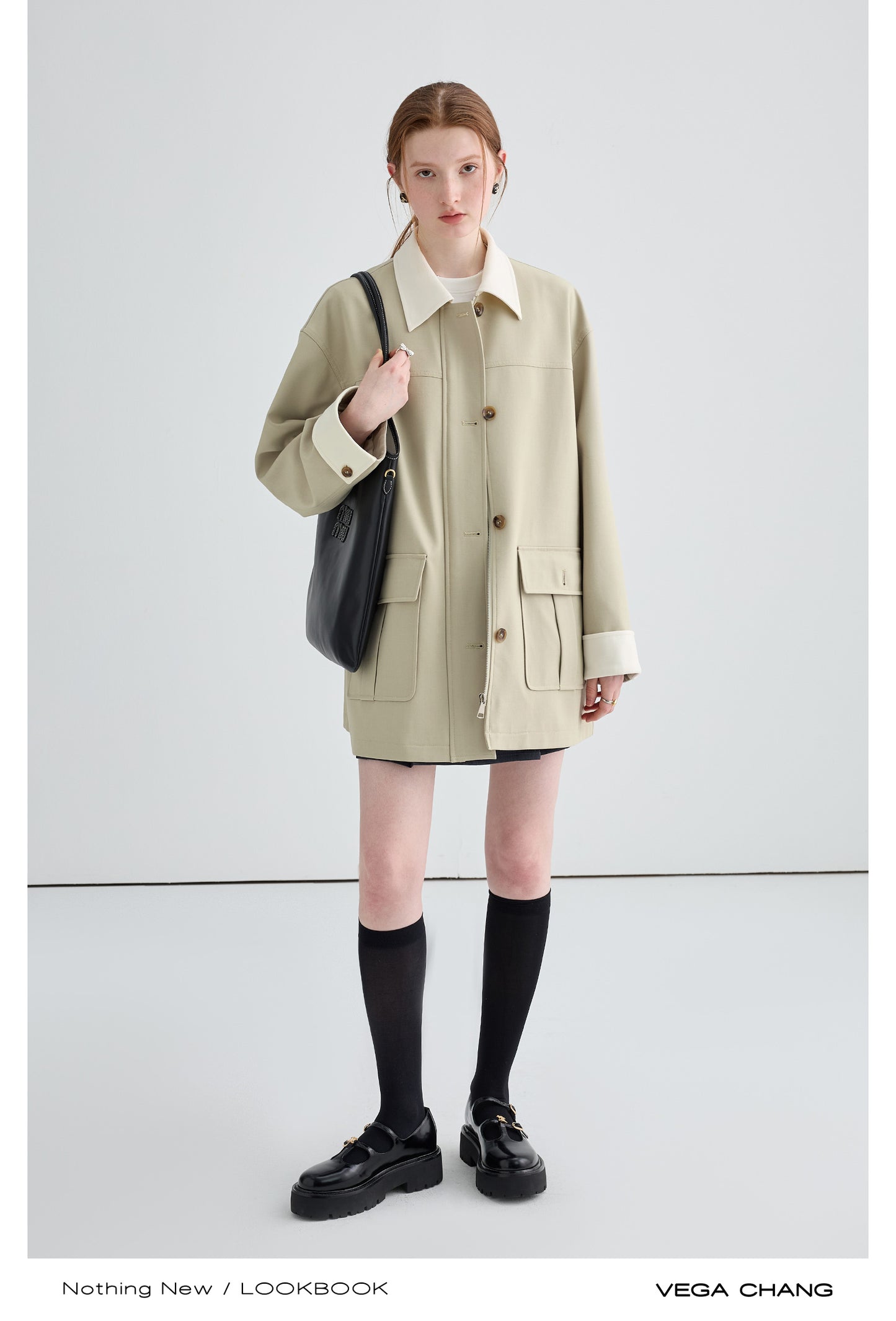 Two-Tone Relaxed Fit Mid-Length Twill Coat