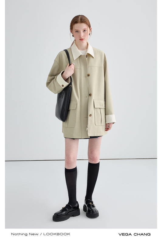Two-Tone Relaxed Fit Mid-Length Twill Coat