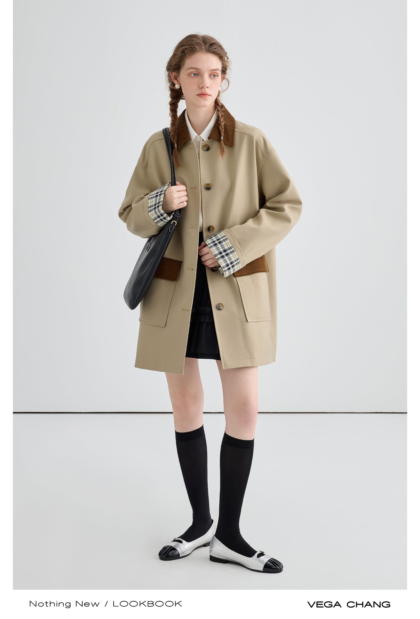 Two-Tone Relaxed Fit Mid-Length Twill Coat