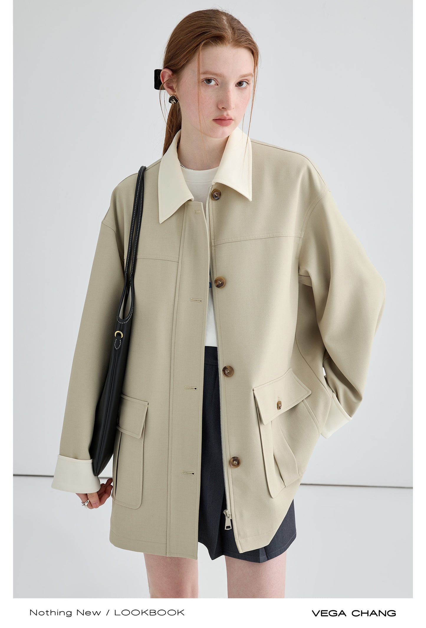 Two-Tone Relaxed Fit Mid-Length Twill Coat
