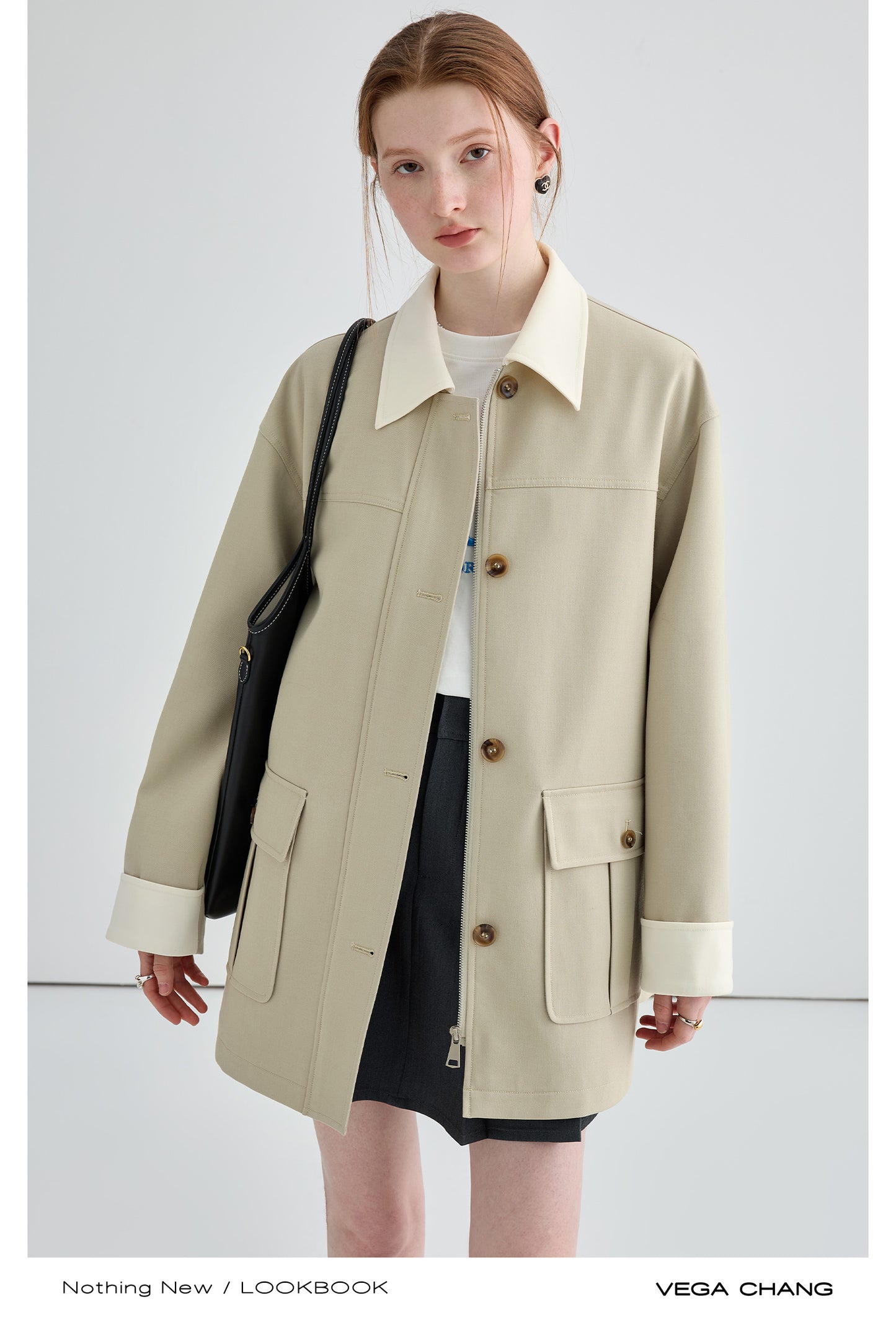 Two-Tone Relaxed Fit Mid-Length Twill Coat