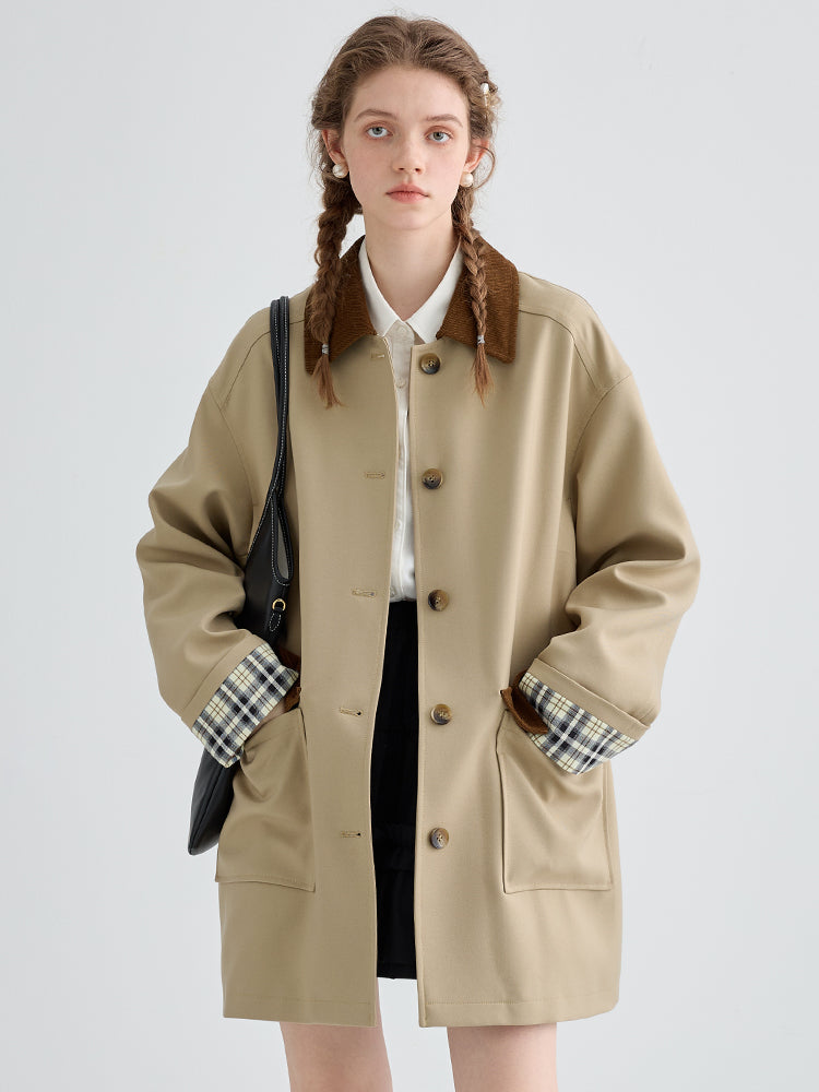 Two-Tone Relaxed Fit Mid-Length Twill Coat