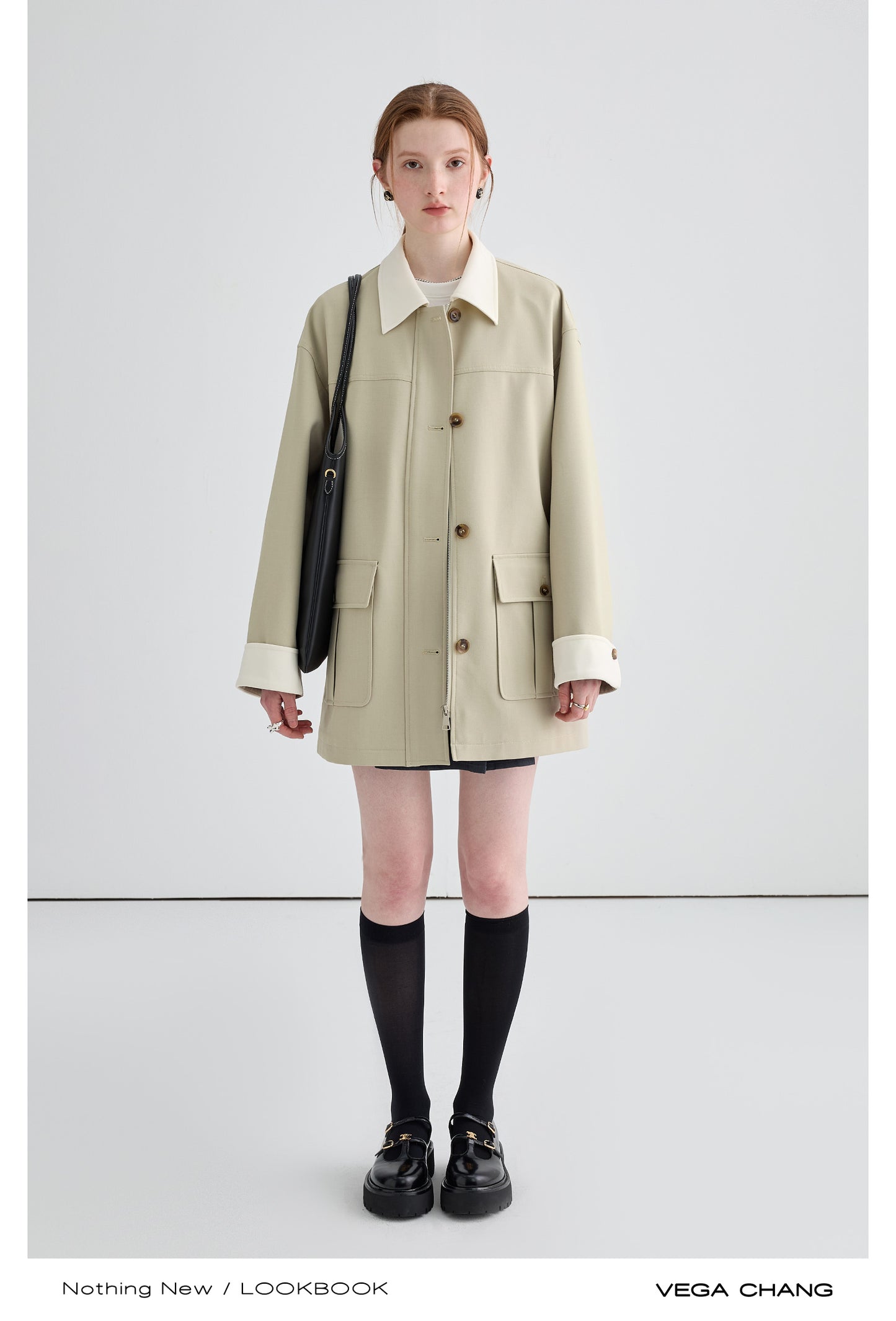 Two-Tone Relaxed Fit Mid-Length Twill Coat