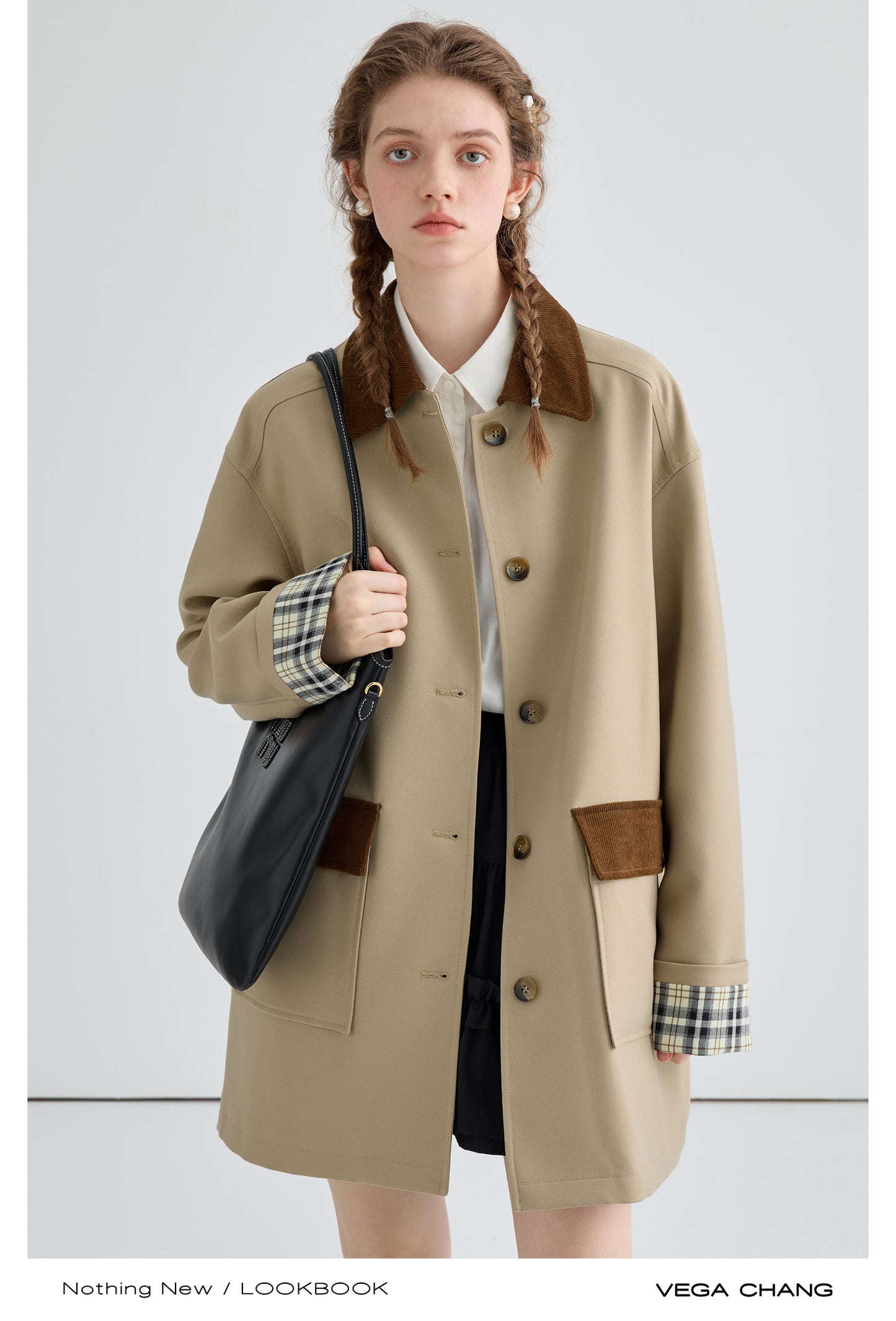 Two-Tone Relaxed Fit Mid-Length Twill Coat