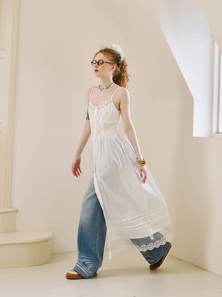 Lace-Trimmed Button-Up Camisole Dress