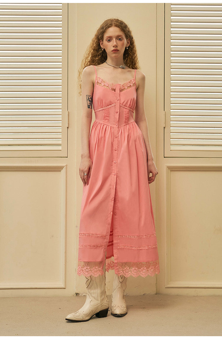 Lace-Trimmed Button-Up Camisole Dress