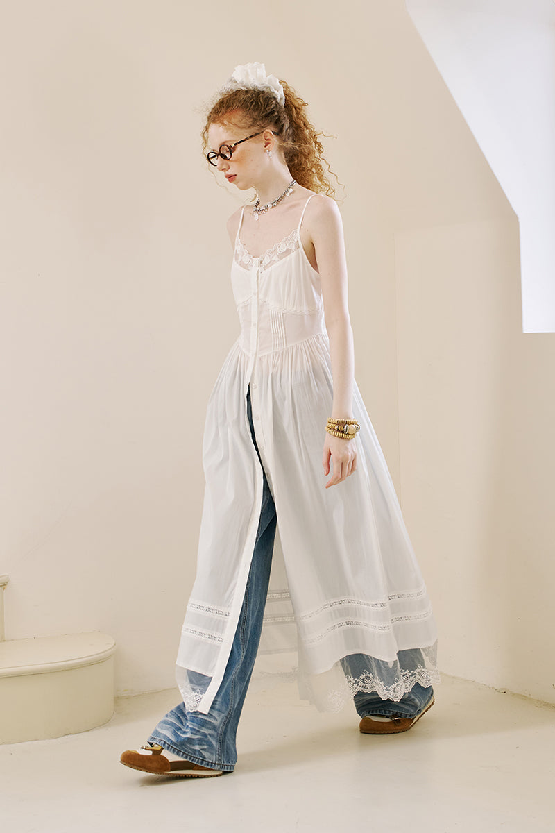 Lace-Trimmed Button-Up Camisole Dress