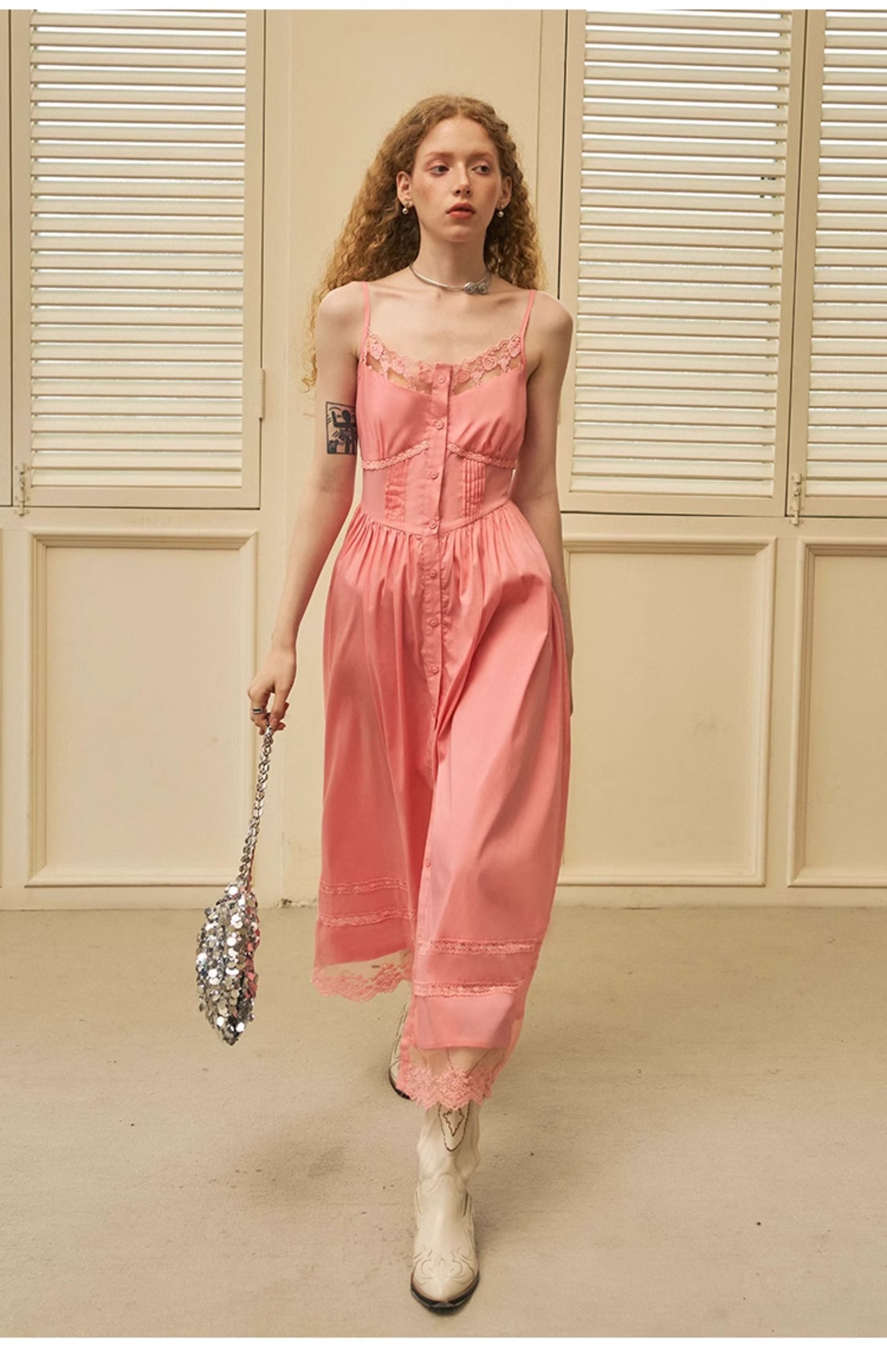 Lace-Trimmed Button-Up Camisole Dress